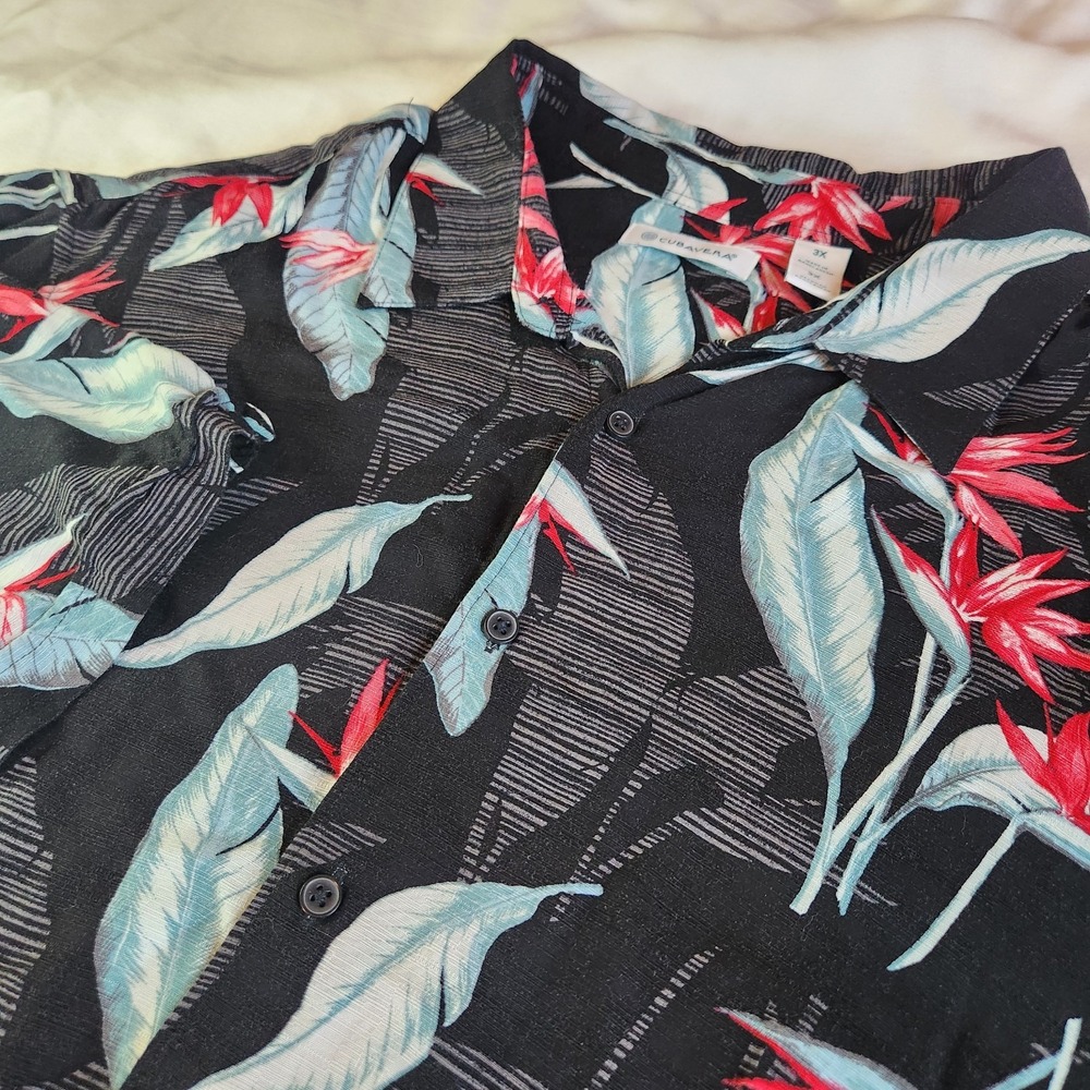 Cubavera Hawaiian Shirt Mens 3XL Black Tropical Floral Beach Bird Paradise